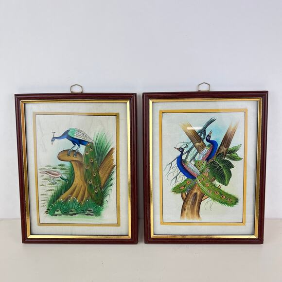 Hand Painted Peacock Bird on Silk Framed Pair - Picture 1 of 10